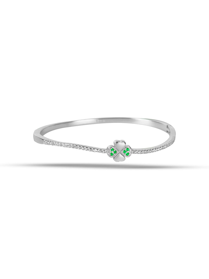 Silver flower with green and white stone kada