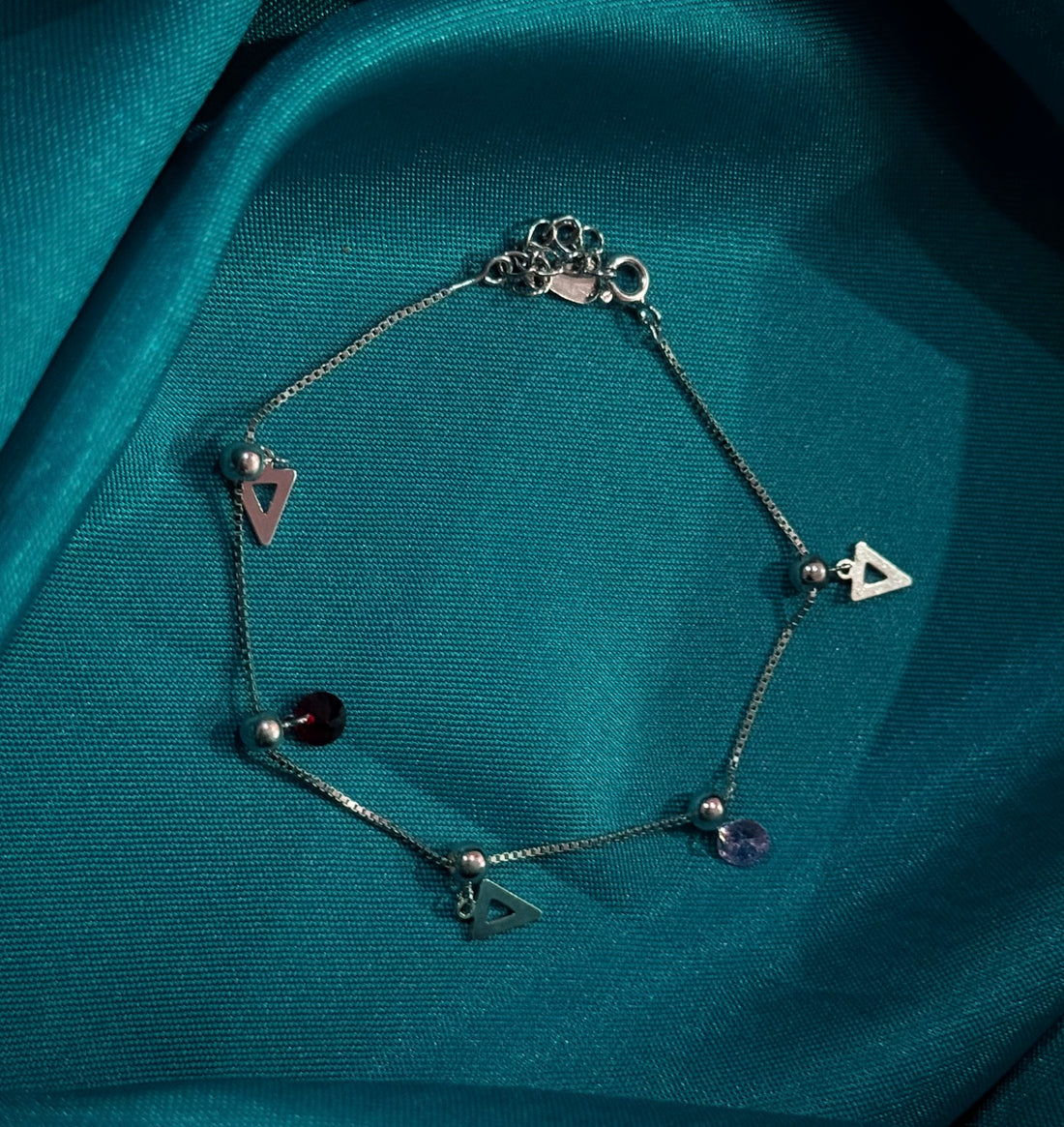 silver, pink and red stone minimal bracelet