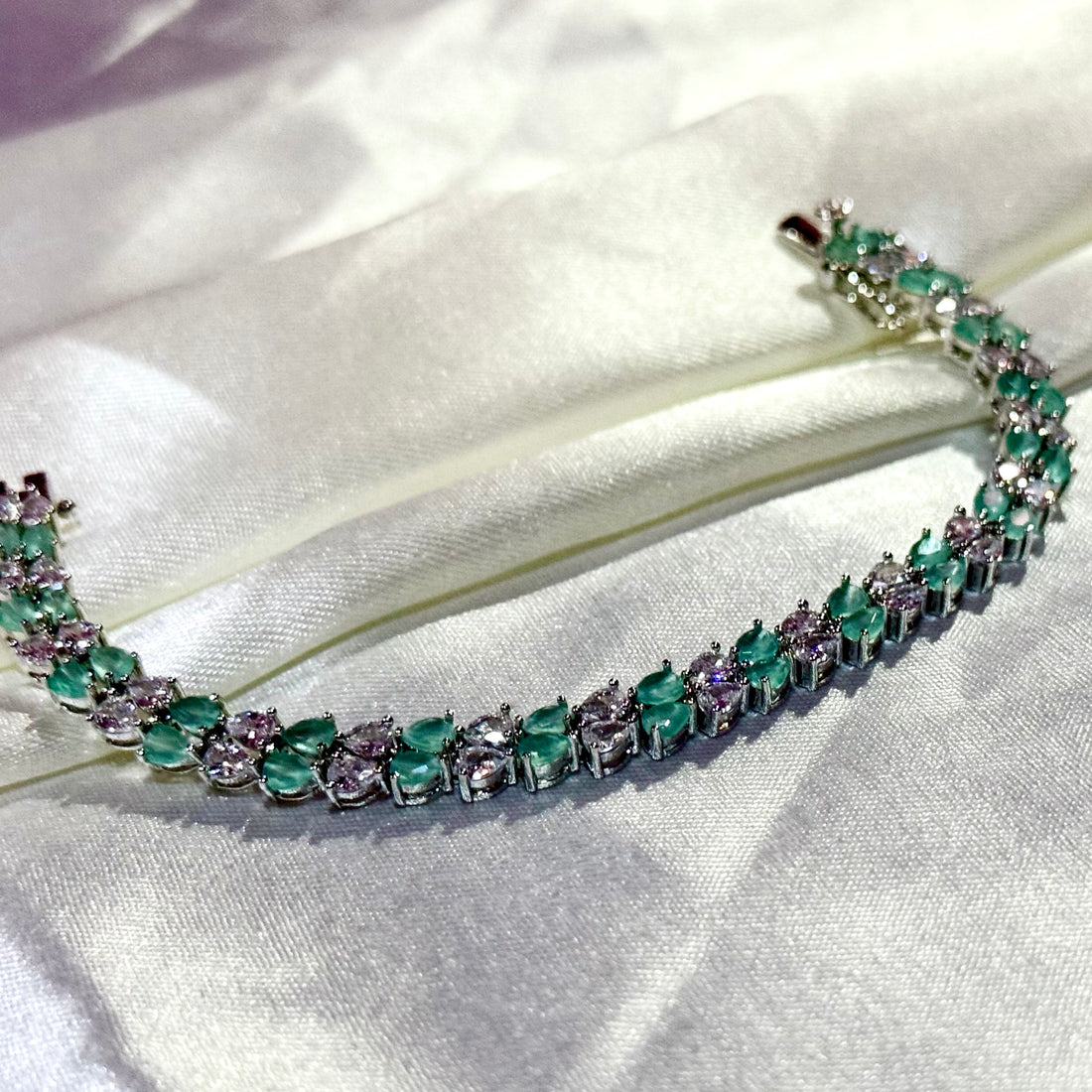 Silver green and white drop cuban bracelet