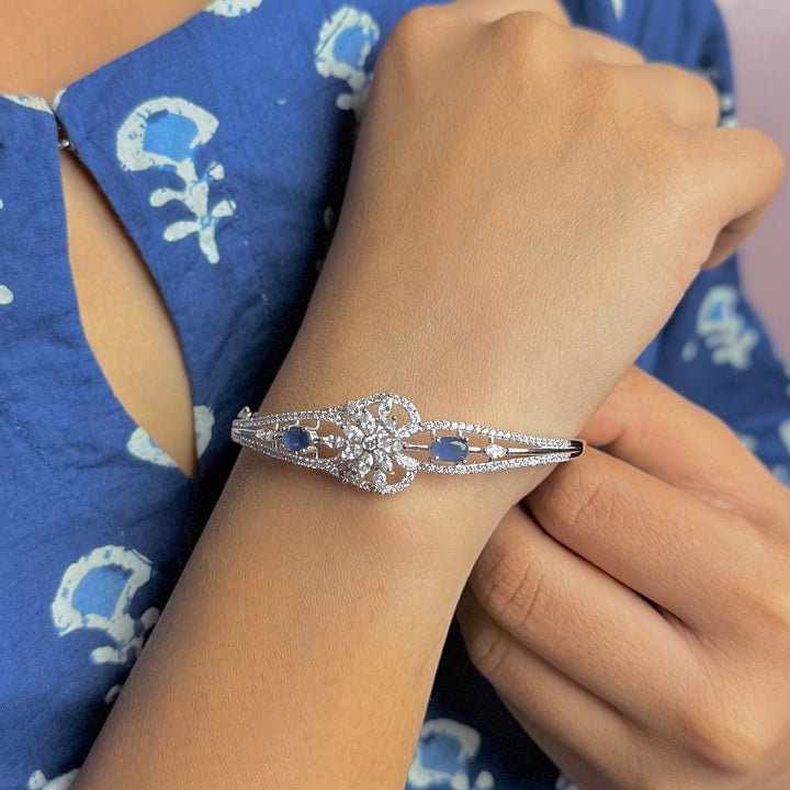 Silver two blue stone kada with stone flower