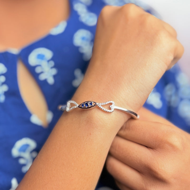 Silver two heart with blue stone kada