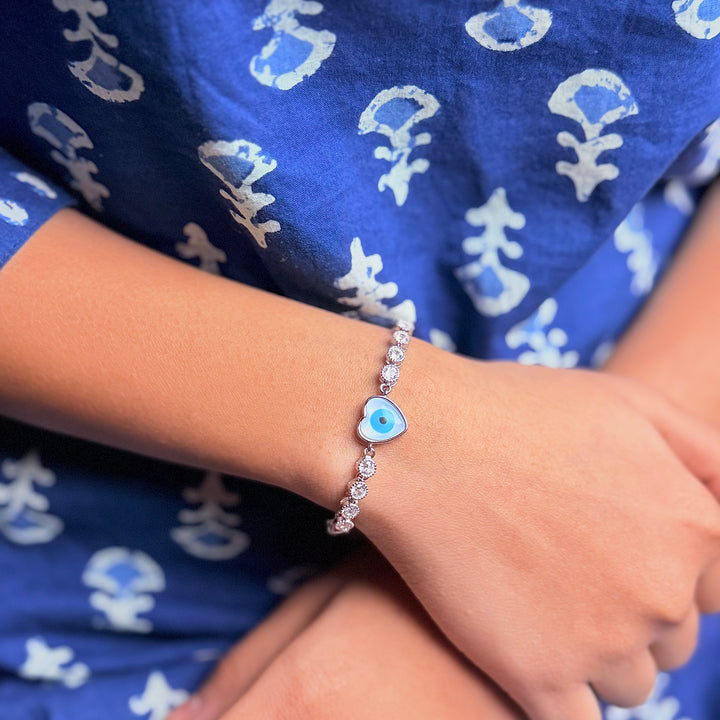 Silver cuban, heart evil eye bracelet
