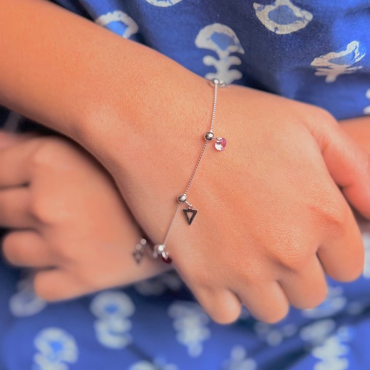 silver, pink and red stone minimal bracelet