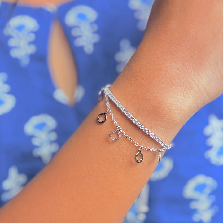 silver two part bracelet with american diamonds and link chain