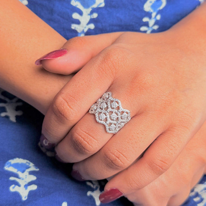 Silver iced out american diamond wavy design ring