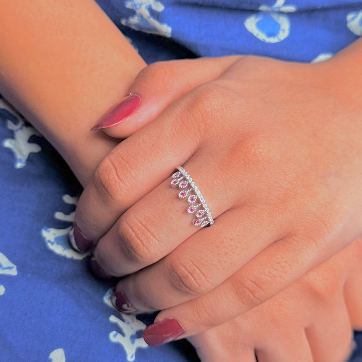 Silver pink stone crown ring