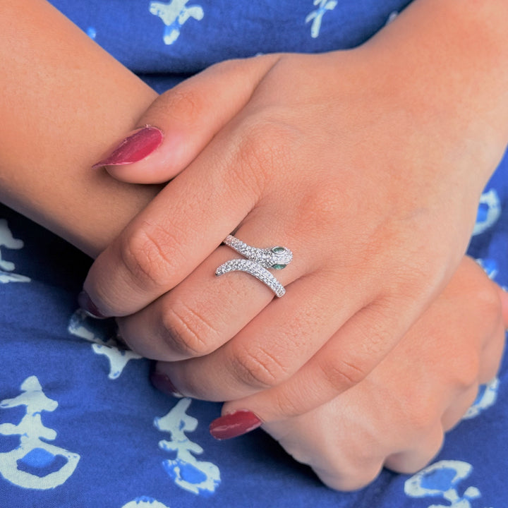 Silver iced out snake ring