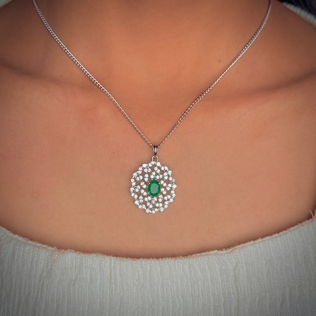 Green american diamond three piece pendant without chain