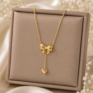 Anti Tarnish Heart hanging Bow Necklace