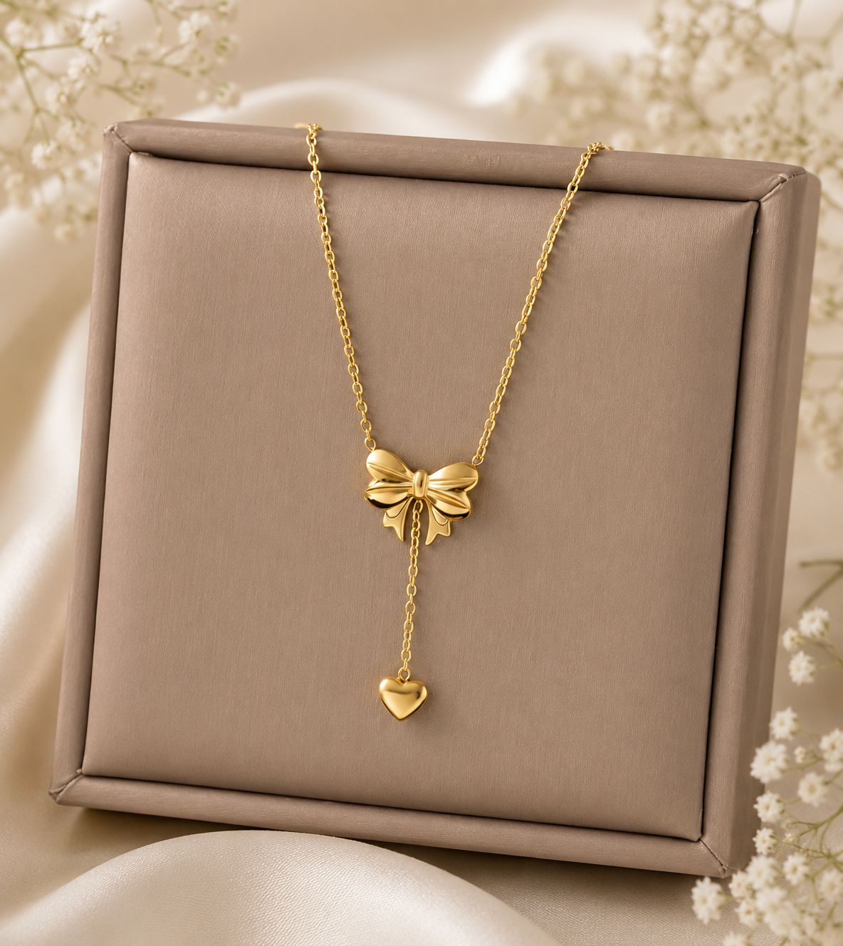 Anti Tarnish Heart hanging Bow Necklace