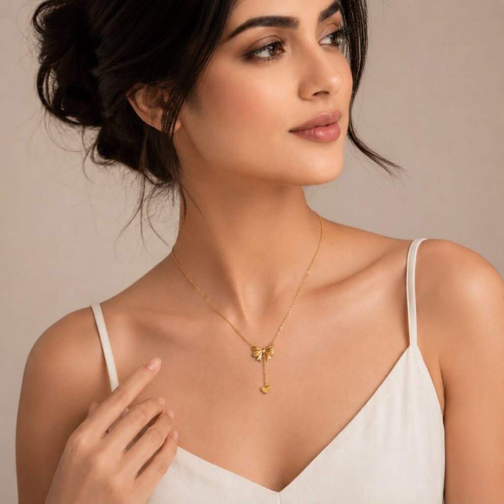 Anti Tarnish Heart hanging Bow Necklace
